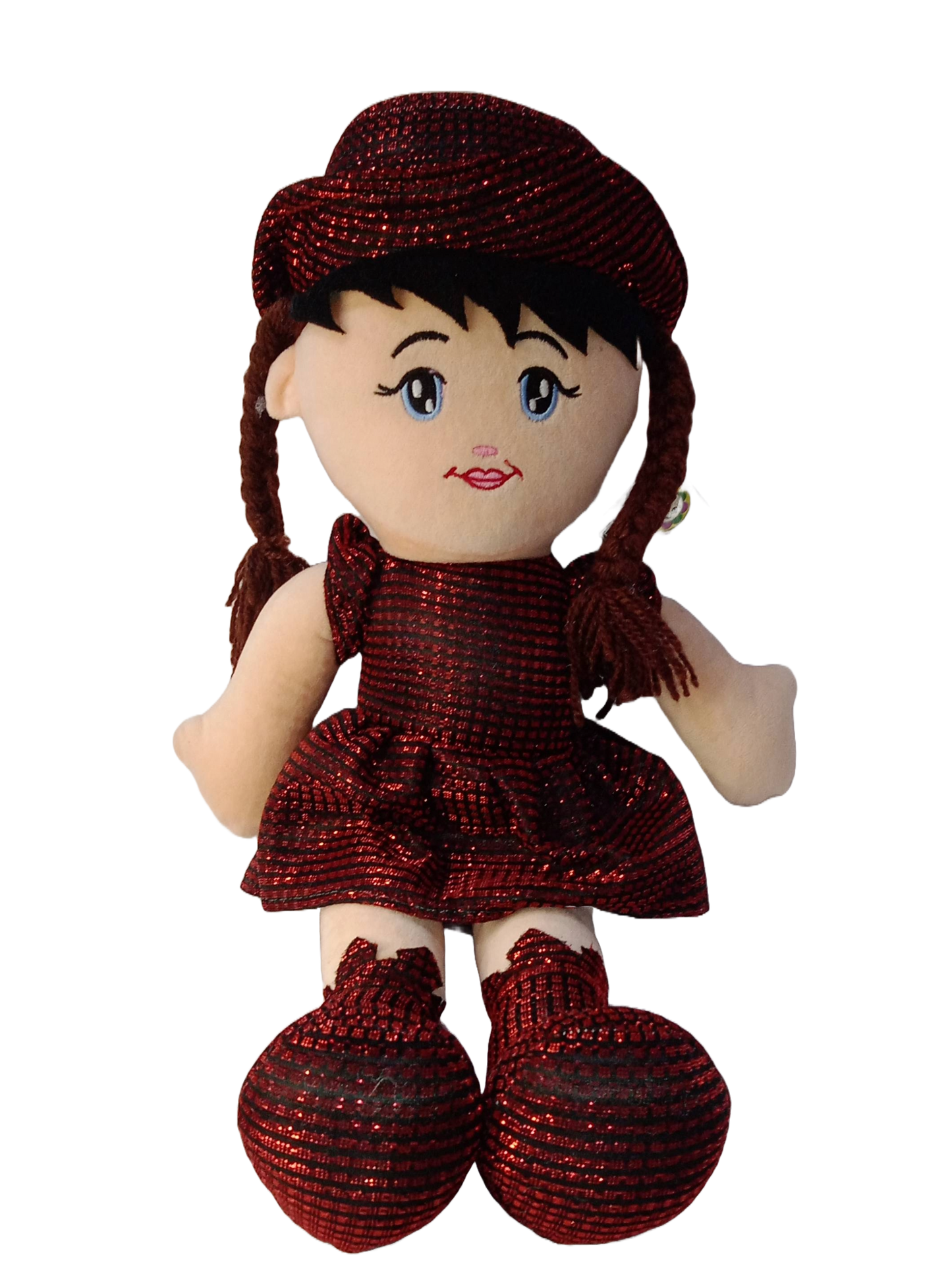 Charming Soft Rag Doll for Kids – Plush Fabric Doll with Stylish Red Dress & Braided Hair